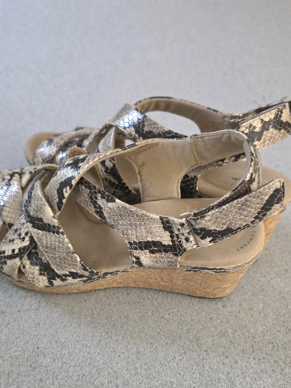 Clarks Women’s Snake-Print Cork Wedge Sandals in Beige